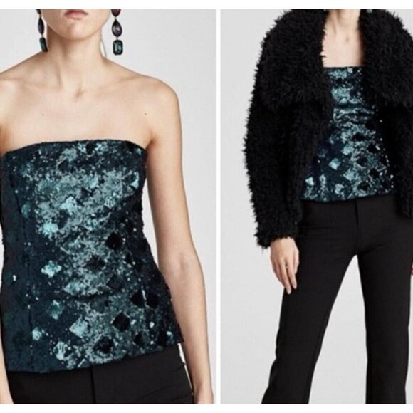 Zara Sequin Strapless Crop Top Bustier Small Emerald Green Holiday Party NYE - Picture 4 of 8